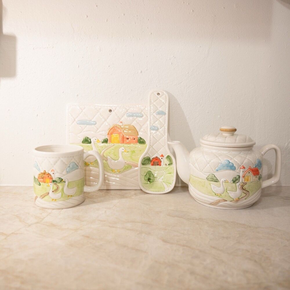 Vintage Otagiri Quilted Farm Scene Ceramic Set (1982)